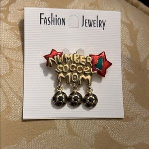 Number Soccer Mom Gold-tone Dangle Soccer Ball Pin with Red Stars